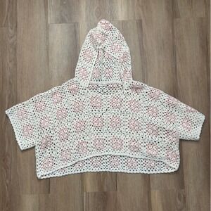 Crotchet hooded cardigan square knit cream pink boho granny festival shawl Pol M